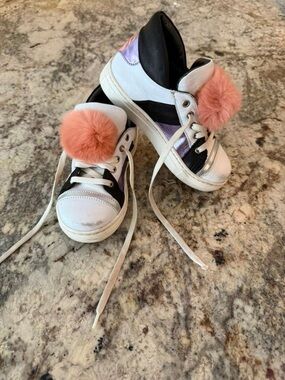 Miss Grant White, Black & Purple Sneakers with Coral Pom Pom